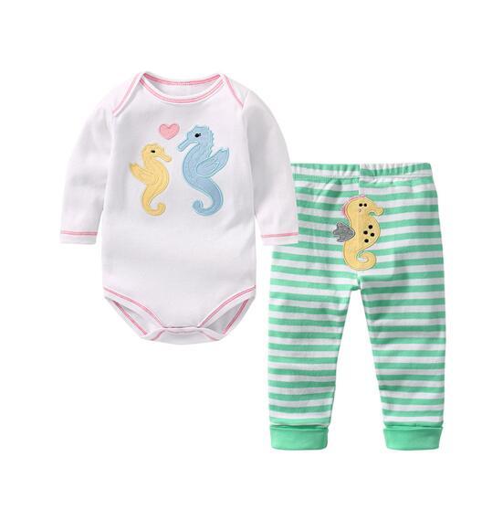 Baby Girl Print Sea Horse Two Pieces Long Sleeve Cotton Bodysuit and Pant