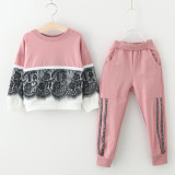Toddler Girl 2 Pieces Lace Stitchin Long Sleeve Sweatshirt and Pants Clothes Set Outfit