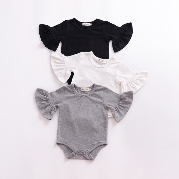 Baby Girl Pure Color Cotton Ruffles Long Sleeve Bodysuit