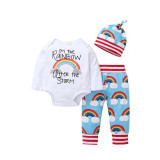 3PCS Baby Girl Print Rainbow Long Sleeve Romper Pants Bodysuit Hat Clothes Outfits Set
