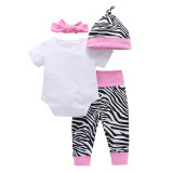4PCS Baby Girl Print Wing Long Sleeve Romper Pants Bodysuit Hat Headband Clothes Outfits Set