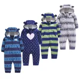 Baby Boy Hooded Zip-Up Geometric Stripes Polar Fleece Long Sleeve One piece