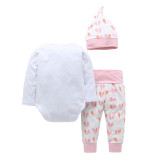 3PCS Baby Girl Pink Hearts Long Sleeve Romper Pants Bodysuit Hat Clothes Outfits Set