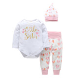 3PCS Baby Girl Pink Hearts Long Sleeve Romper Pants Bodysuit Hat Clothes Outfits Set