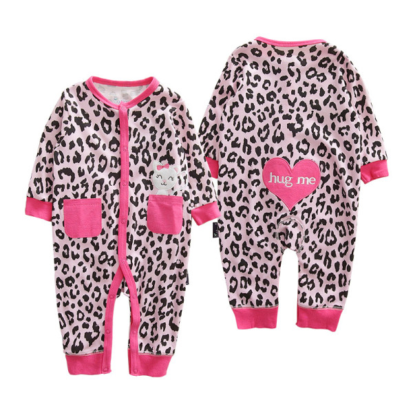 Baby Girl Snap-Up Pink Leopard Print Cotton Long Sleeve One piece