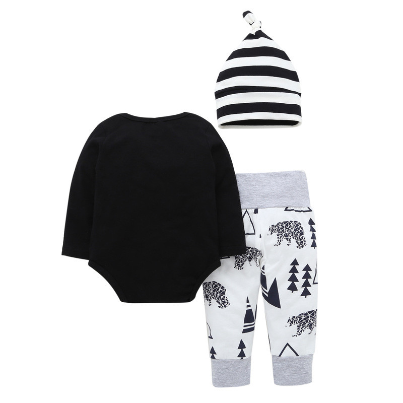 3PCS Baby Boy Black Print Tree Long Sleeve Romper Print Pants Bodysuit