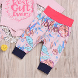3PCS Baby Girl Print Slogan and Flower Long Sleeve Romper Pants Bodysuit Hat Clothes Outfits Set