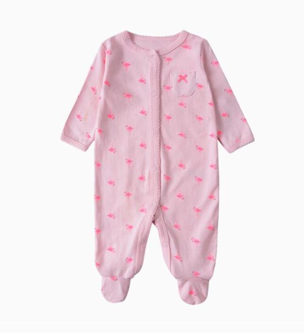 Baby Girl Snap-Up Print Pink Flamingos Footed Cotton Long Sleeve One piece （0-1Years）
