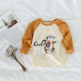 Toddler Girl Slogan and Print Cartoon Tee Color Matching Cotton Long Sleeve T-shirt