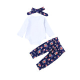 3PCS Baby Girl Print Navy Flowers Long Sleeve Romper Pants Bodysuit Headband Clothes Outfits Set