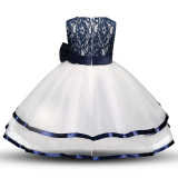 Girl Navy Lace Flower Bowknot White Tulle Princess Dresses
