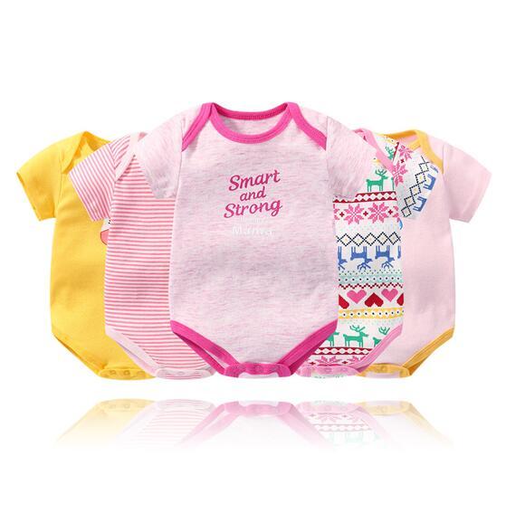 Baby Girl Print Stripes 5 Packs Short Sleeve Cotton Bodysuit