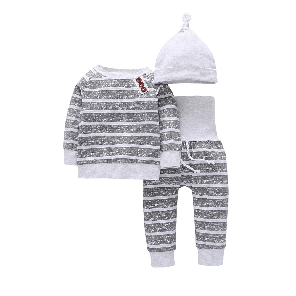 3pcs Baby Boy Grey Stripes Long Sleeve Romper Print Pants Bodysuit Hat Clothes Outfits Set