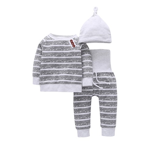 3PCS Baby Boy Grey Stripes Long Sleeve Romper Print Pants Bodysuit Hat Clothes Outfits Set