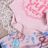 3PCS Baby Girl Print Slogan and Flower Long Sleeve Romper Pants Bodysuit Hat Clothes Outfits Set