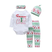 4PCS Baby Girl Christmas Long Sleeve Romper Pants Bodysuit Hat Headband Clothes Outfits Set