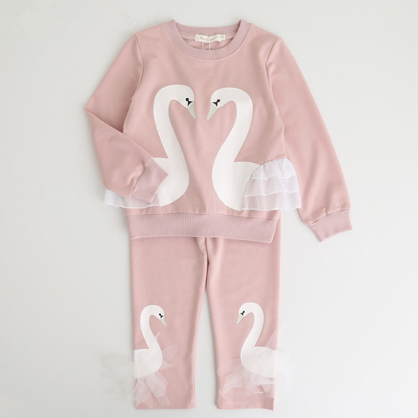 Toddler Girl 2 Pieces Two Swans Long Sleeve Sweatshirt and Pants Clothes Set Outfit