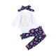 3PCS Baby Girl Print Navy Flowers Long Sleeve Romper Pants Bodysuit Headband Clothes Outfits Set