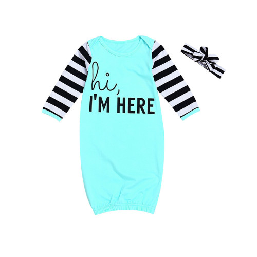 Baby Girl Slogan Cotton Stripes Long Sleeve Bodysuit Gown With Headband