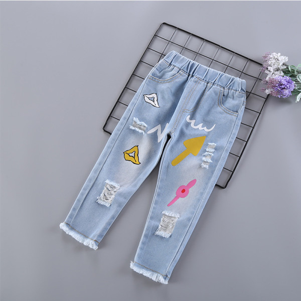 Toddler Girl Elastic Washed Denim Print Ripped Jeans Pants