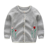 Toddler Girl Knit Cardigan Sweater Embroidery Flowers Pattern