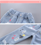 Toddler Girl Elastic Mid Waist Washed Denim Print Ripped Jeans Pants