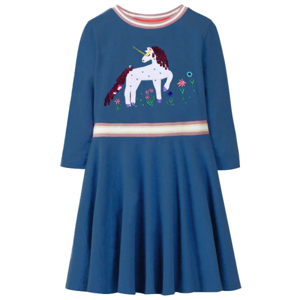 Toddler Girl Print Blue Horse Sequin Long Sleeves Casual A-line Dresses