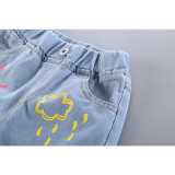 Toddler Girl Elastic Mid Waist Washed Denim Print Ripped Jeans Pants
