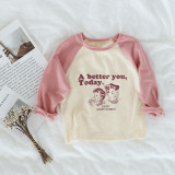 Toddler Girl Slogan and Print Cartoon Tee Color Matching Cotton Long Sleeve T-shirt