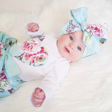 3PCS Baby Girl Print Flowers Long Sleeve Romper Pants Bodysuit Headband Clothes Outfits Set