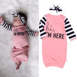 Baby Girl Slogan Cotton Stripes Long Sleeve Bodysuit Gown With Headband