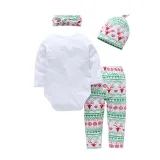 4PCS Baby Girl Christmas Long Sleeve Romper Pants Bodysuit Hat Headband Clothes Outfits Set
