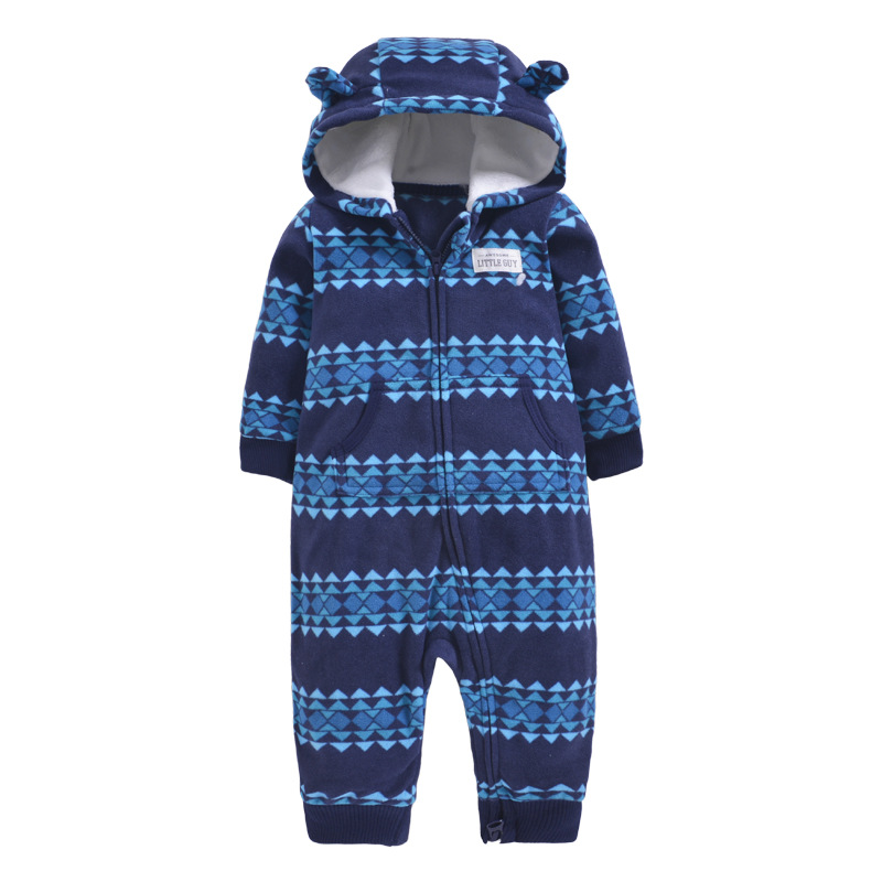 Baby Boy Hooded Zip-Up Geometric Stripes Polar Fleece Long Sleeve One piece