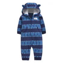 Baby Boy Hooded Zip-Up Geometric Stripes Polar Fleece Long Sleeve One piece