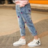 Toddler Girl Elastic Washed Denim Print Cherry Jeans Pants