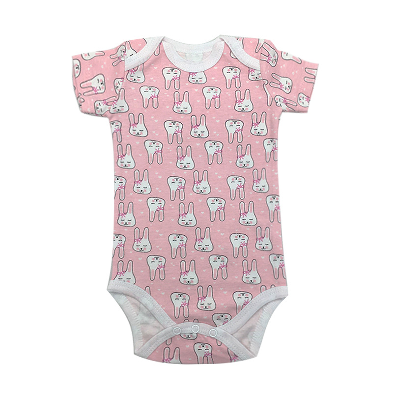 Baby Girl Pink Print Rabbits Short Sleeve Cotton Bodysuit