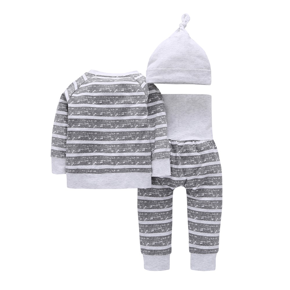 3PCS Baby Boy Grey Stripes Long Sleeve Romper Print Pants Bodysuit Hat