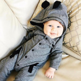 Baby Boy Snap-Up Grey Fox Hooded Cotton Long Sleeve One piece