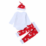 3PCS Baby Girl Print Slogan and Deers Long Sleeve Romper Pants Bodysuit Hat Clothes Outfits Set