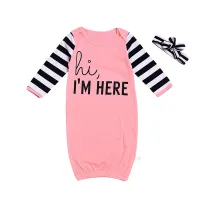 Baby Girl Slogan Cotton Stripes Long Sleeve Bodysuit Gown With Headband