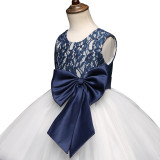 Girl Navy Lace Flower Bowknot White Tulle Princess Dresses