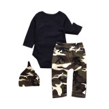 3PCS Baby Boy Black Print Slogan Long Sleeve Romper Print Pants Bodysuit Hat Clothes Outfits Set