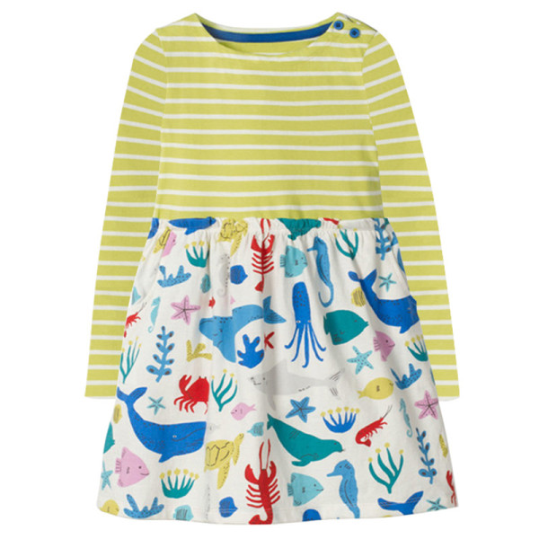 Toddler Girl Print Sea Animals Stripes Long Sleeves Casual A-line Dresses