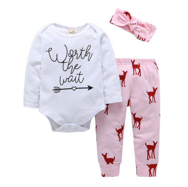 3PCS Baby Girl Red Deers Long Sleeve Romper Pants Bodysuit Headband Clothes Outfits Set
