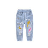 Toddler Girl Elastic Washed Denim Print Ripped Jeans Pants