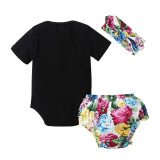 3PCS Baby Girl Flower Short Sleeve Romper Pants Bodysuit Headband Clothes Outfits Set