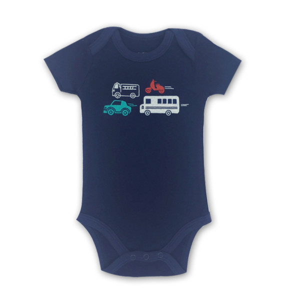 Baby Boy Navy Print Vehicle Short Sleeve Cotton Bodysuit