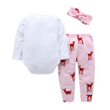 3PCS Baby Girl Red Deers Long Sleeve Romper Pants Bodysuit Headband Clothes Outfits Set