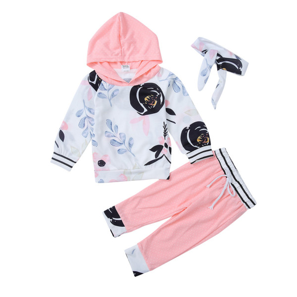 3PCS Baby Girl Pink Flowers Hooded Long Sleeve Sweatshirt and Pants With Headband Clothes Outfits Set