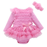Baby Girl Pure Colors Tutu Dress add Headband Cotton Long Sleeve Bodysuit
